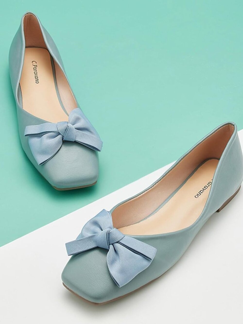 NWOB C.Paravano Square Toe Bow Ballet Flats in blue patent leather Size 42